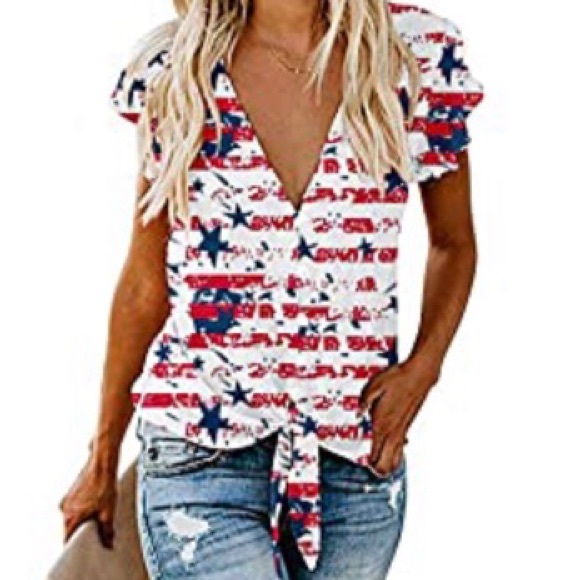 Woman’s Shorts Sleeve Button Down Tie Front Top~Patriot,USA,America,4th July,Etc - Picture 3 of 11